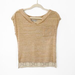 Bui Yah Kah USA Gold Beige Knit Lace Back Pocket Boho Top - Size Medium